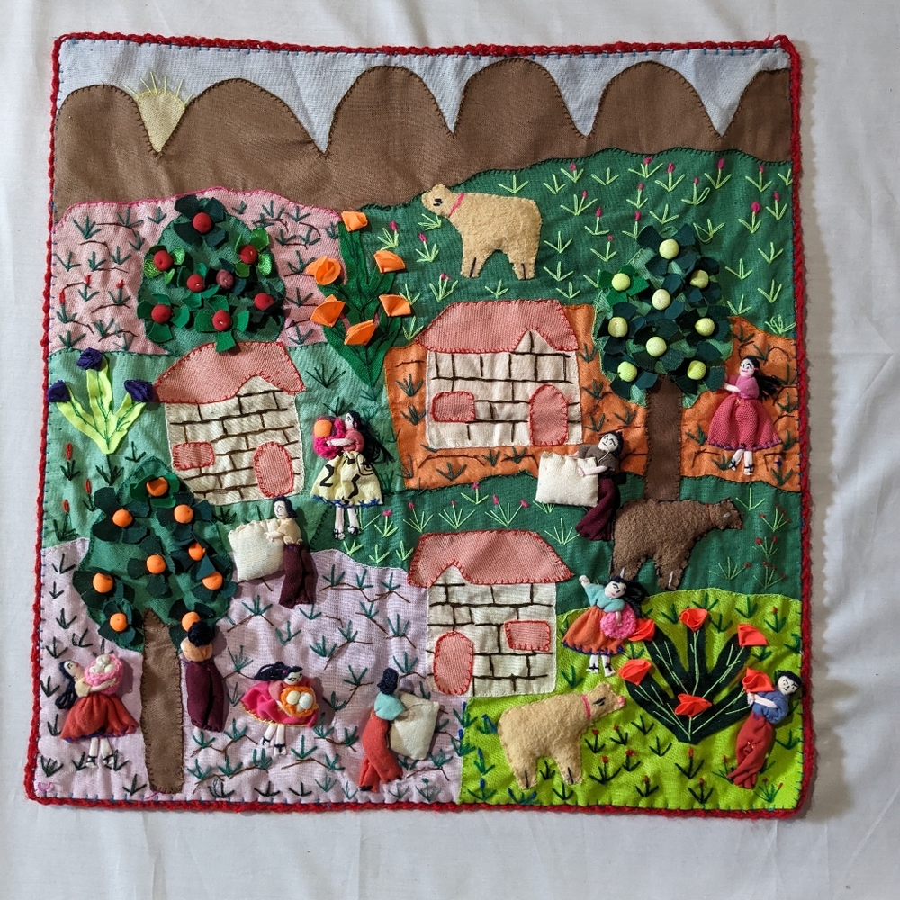 VTG Peruvian Arpillera Folk Art Applique Embroidery 20" x 20" Bridgehead Wall